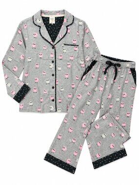 Munki Munki NEW Pink Gray Flannel Pajamas Owl Print Movie Night Sleepover Size M